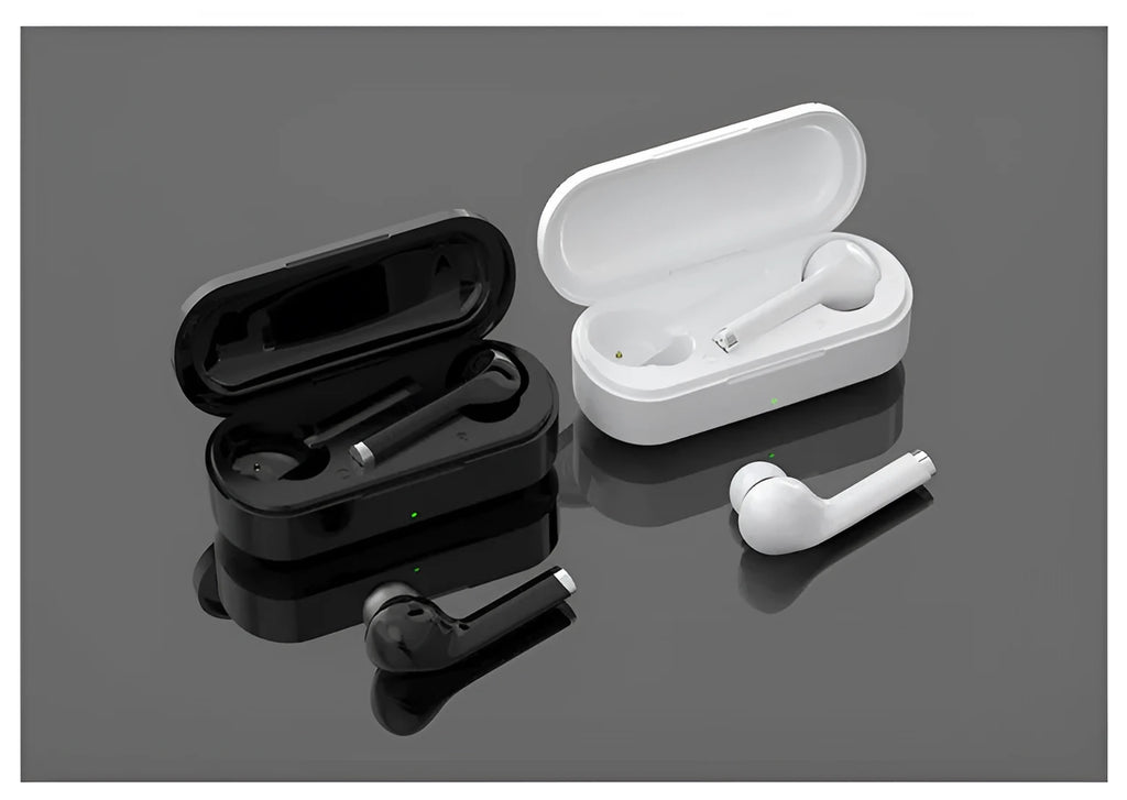 Black and white Bluetooth 5.0 true wireless headphones with charging case