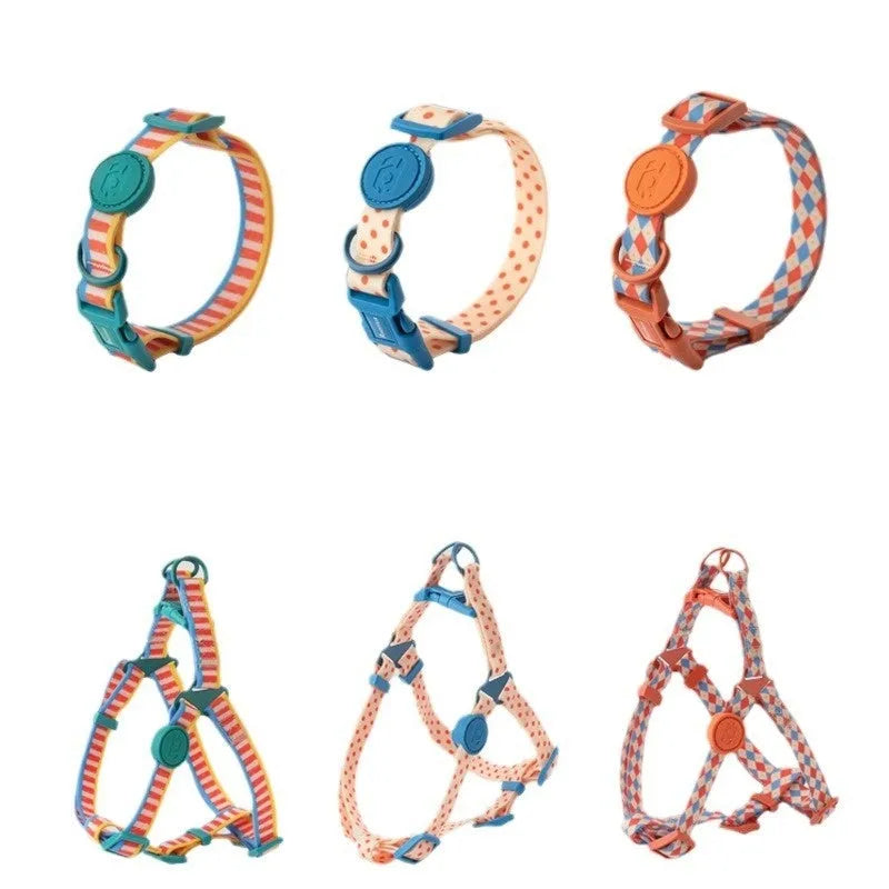 Retro record style dog vest set with collar and hand holding rope in various colours for small medium dogs.