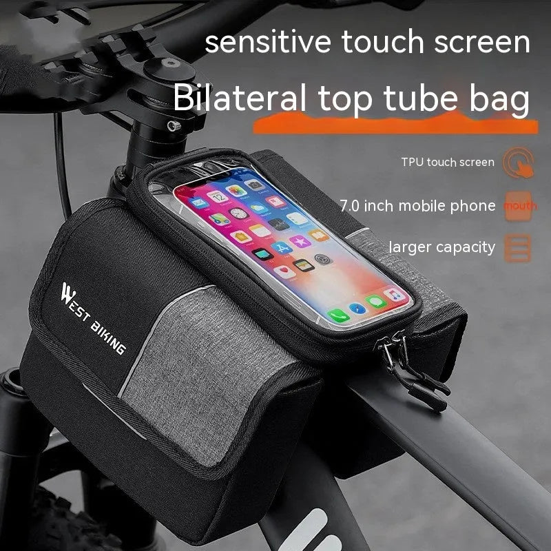 Black and grey oxford cloth bicycle saddle bag with bilateral tube mounting system