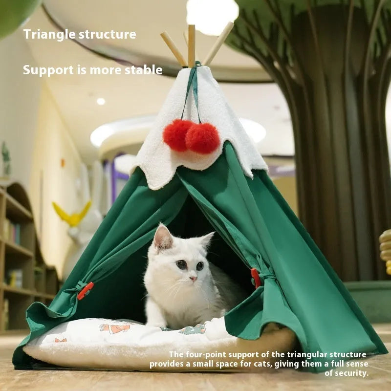 Semi-closed thickened cloth cat house with brown mat, winter warm pet bed for indoor cats