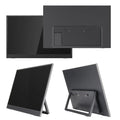 Black 15.6-inch portable computer monitor with adjustable stand showing spreadsheet display