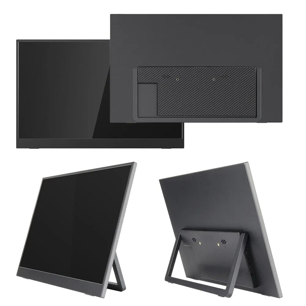 Black 15.6-inch portable computer monitor with adjustable stand showing spreadsheet display