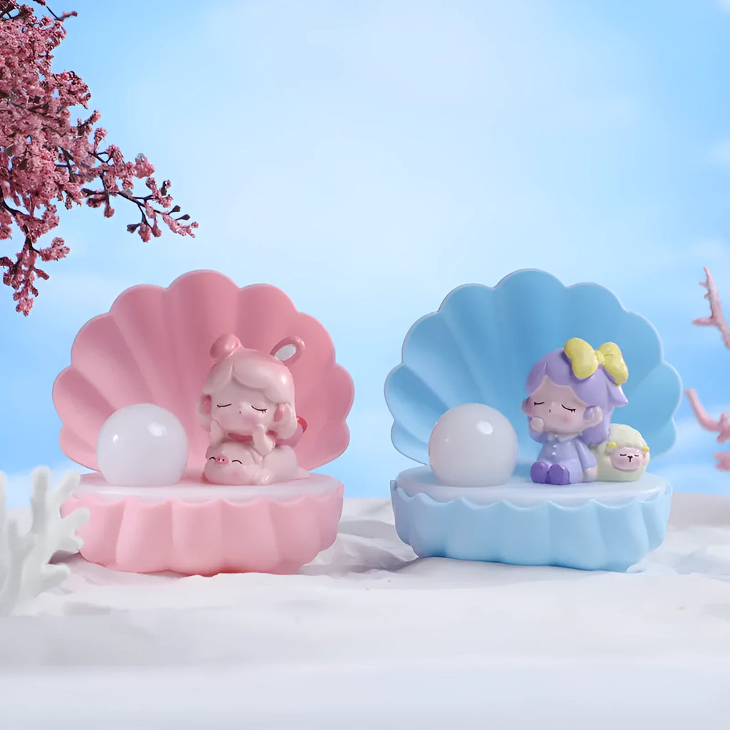 Resin shell star shaped small night lamp with cartoon animal girl design in pink, blue, purple, or yellow.