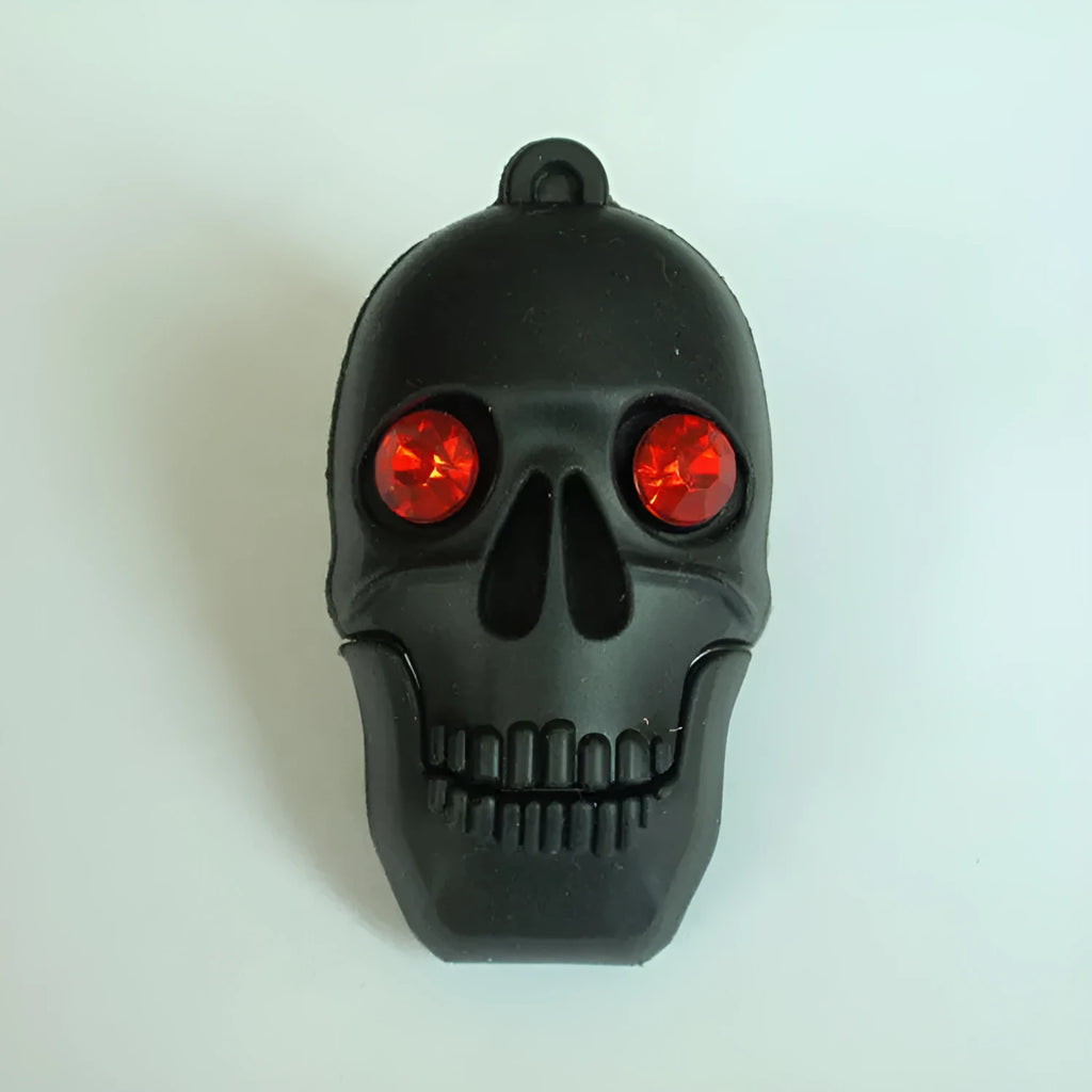 Skeleton skull patterned USB 3.0 flash drive with chain attachment showing PVC shell construction