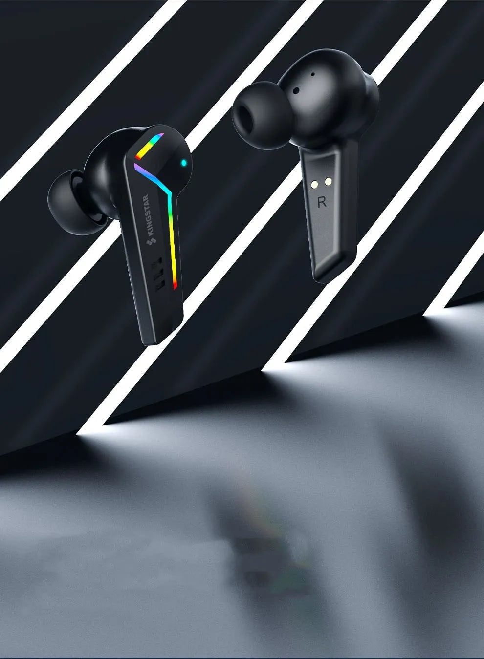 Black wireless Bluetooth headset with earplug design for sports and gaming, showing compact size