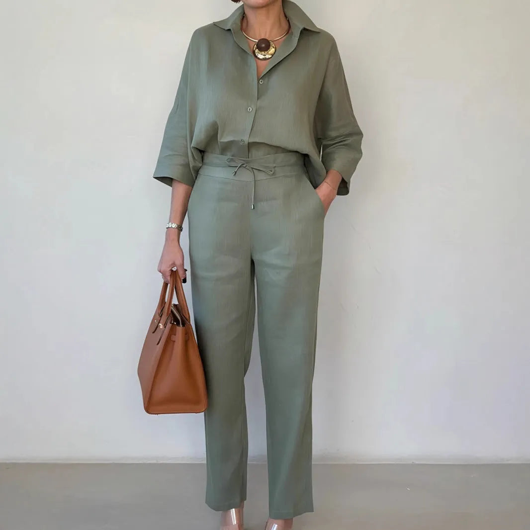 Women's two-piece polo collar shirt and trousers set in solid army green, wine red or orange, sizes S to 3XL