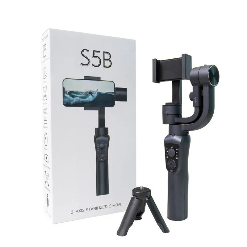 Black three-axis handheld gimbal stabilizer for mobile phones showing 10.8cm length by 7cm width dimensions