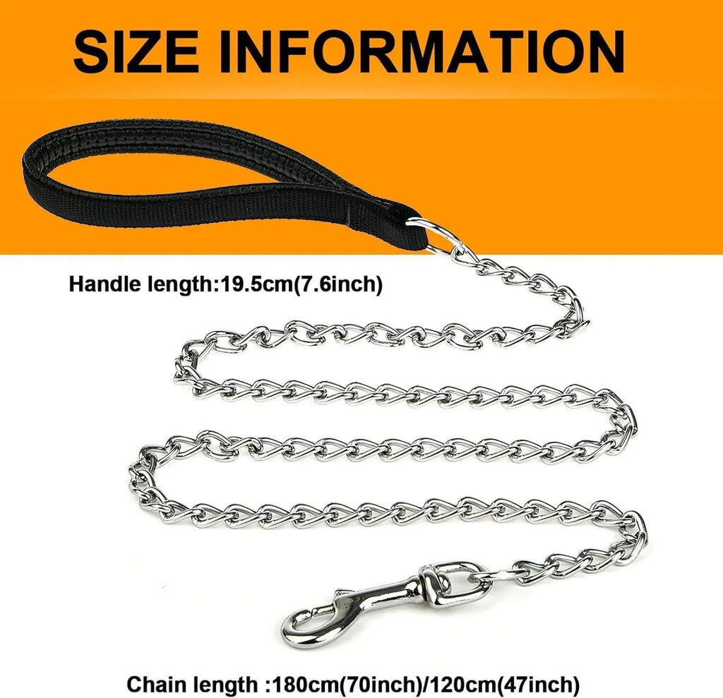 Heavy-duty metal dog leash with soft padded handle, 120cm chew-proof chain for large and medium dogs