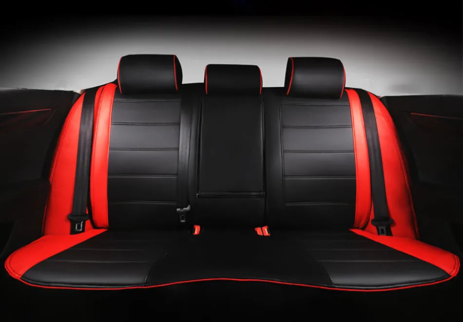 Car seat cover in cow leather with binding style, shown in beige and black with red accents