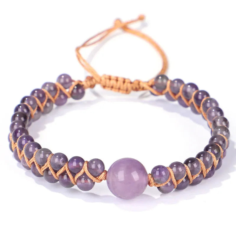 Hand-woven pull bracelet with genuine stone beads in geometry pattern, adjustable 15-20cm fit