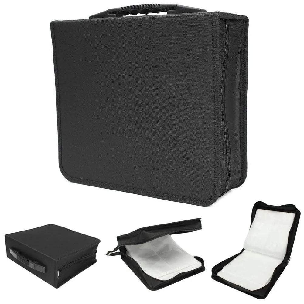 Black Oxford cloth CD DVD storage organiser bag with zipper closure and top hand strap