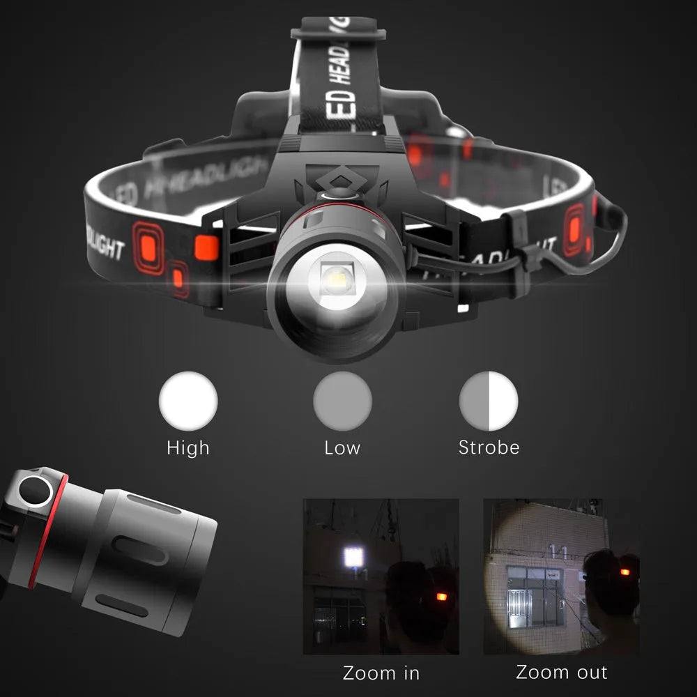 T6 LED headlamp with zoomable head, showing white, red, and green light options, powered by 18650 batteries