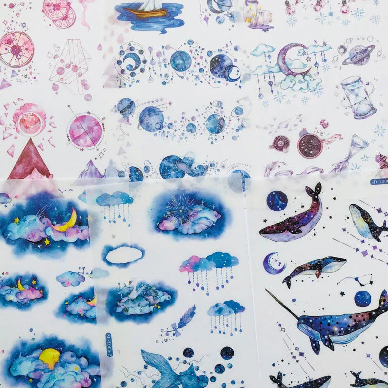 Abu Sticker set with fantasy stars design on Japanese paper, showing 10.5 by 14.1 cm size.