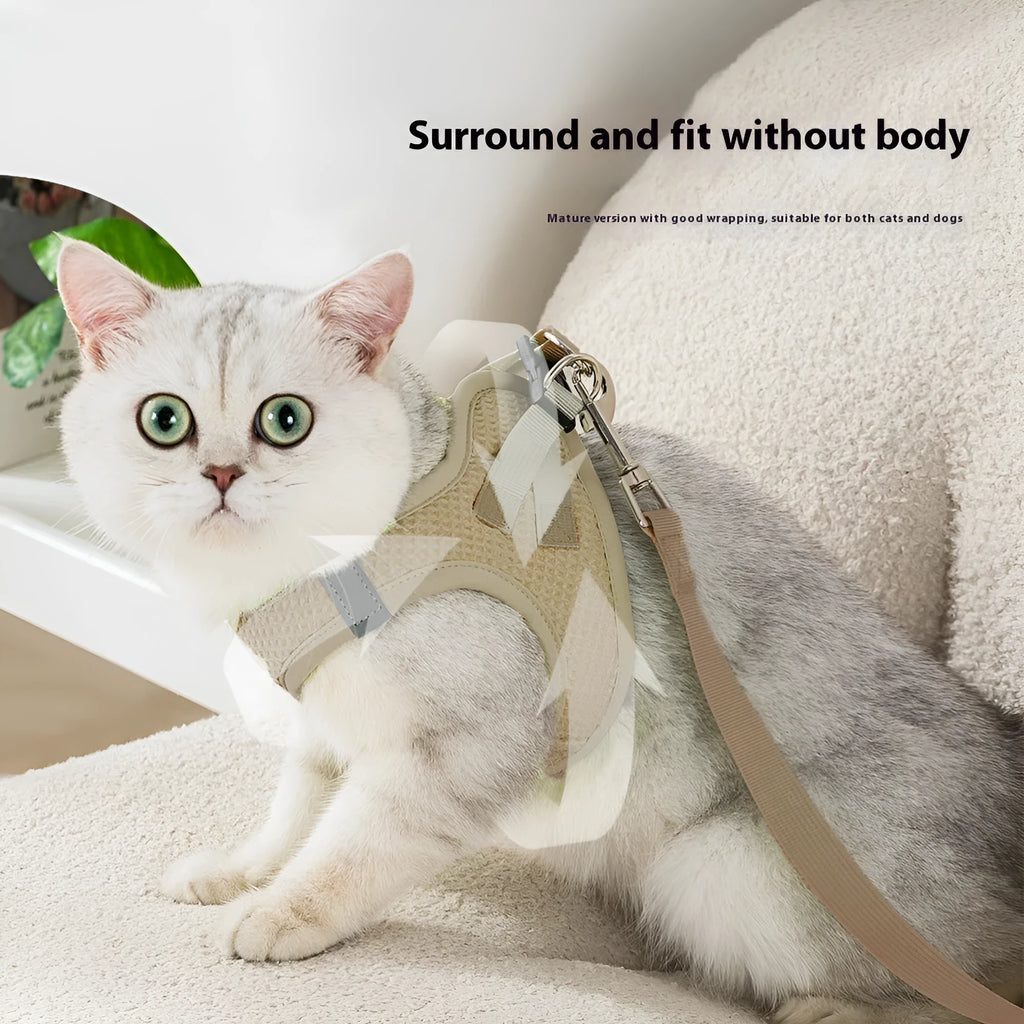 Brown cloth cat harness with chest strap design and pulling rope attachment, adjustable for sizes XXS to M