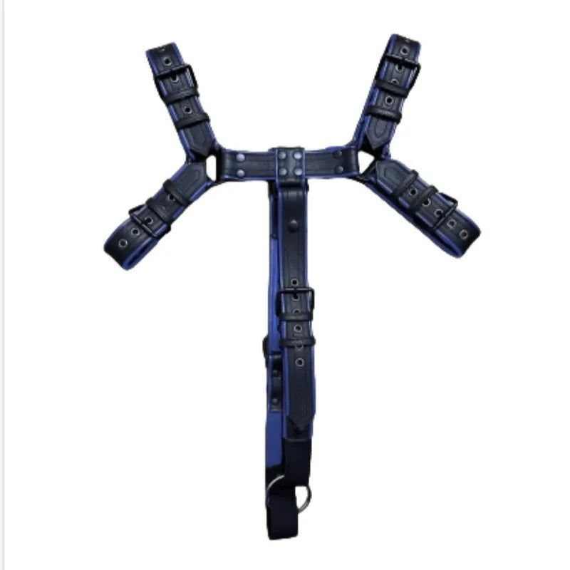 Blue and black leather shoulder strap suspenders with metal buckle adjustment