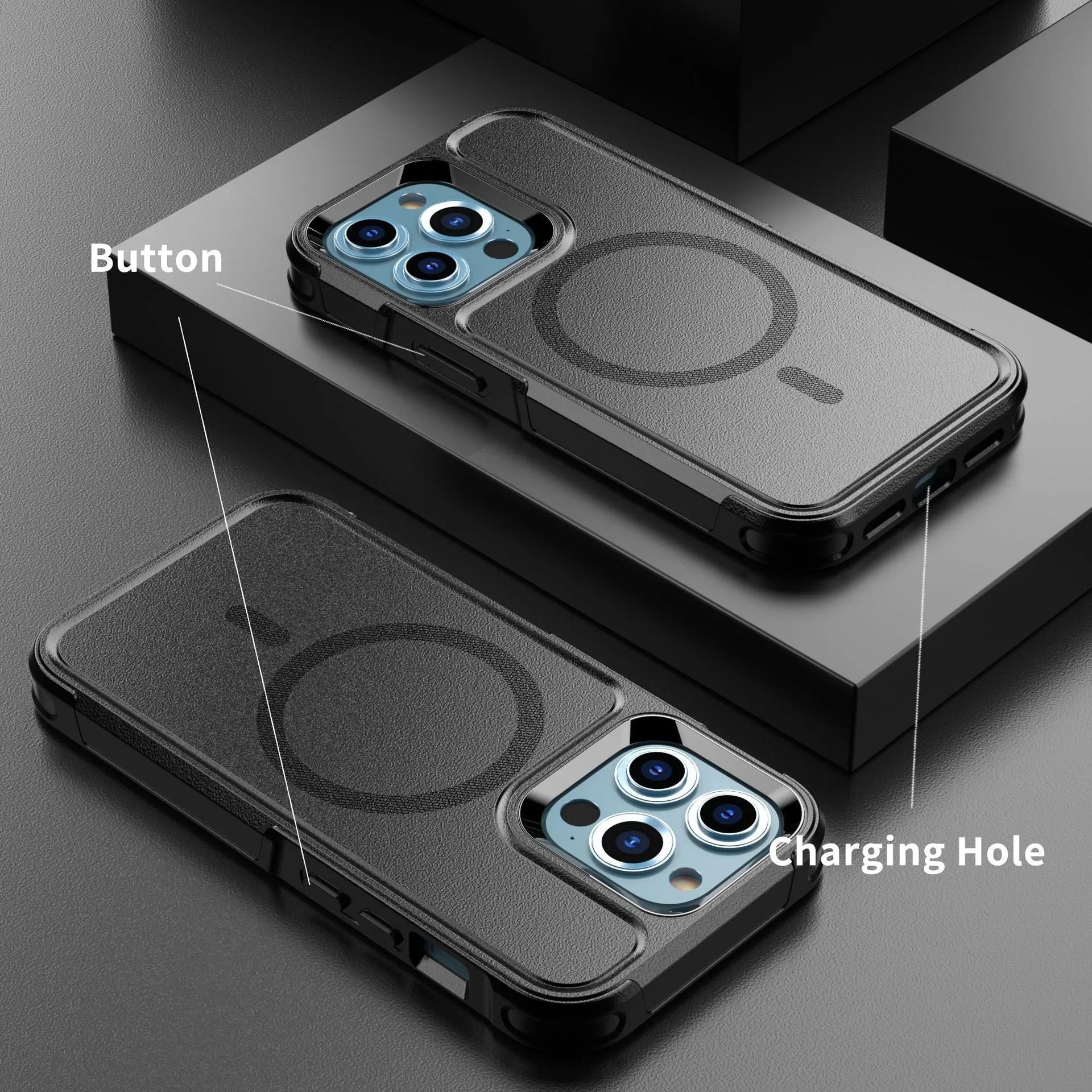 Black magnetic shatterproof back cover case for iPhone 12 and iPhone 13 series phones.
