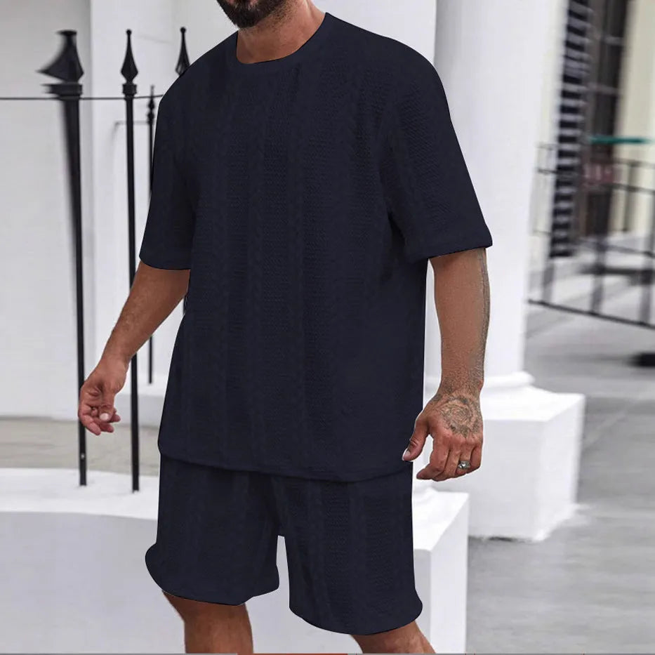 Knitted jacquard summer casual set with round neck pullover top and matching shorts in light grey colour