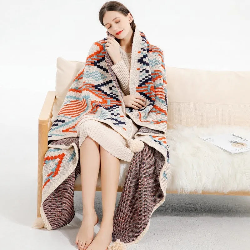 Bohemian sofa cover blanket with tassel trim in geometric pattern, dimensions 130cm width, available in multiple lengths and colours.