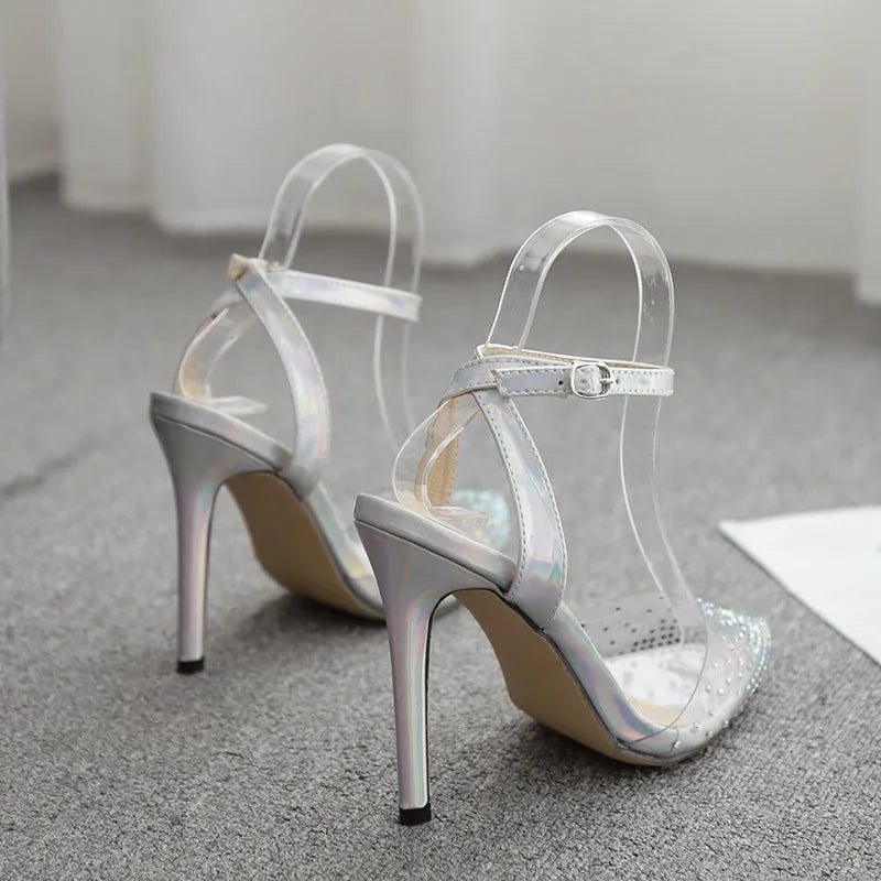 Women's pointed diamond sandals with stiletto heels, PVC upper, sizes 35-42, foot length 225-250mm