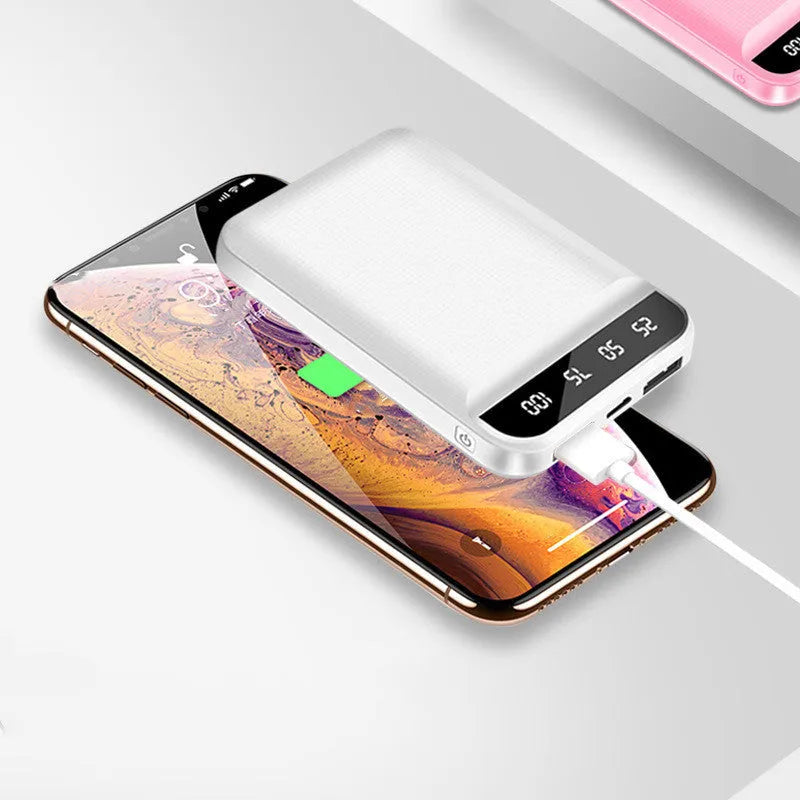 Mini power bank in black, blue, pink, or white with dimensions 93mm x 63mm x 22mm and multi-USB ports