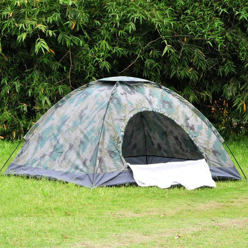 Green camouflage tent with steel ground nails, triangular skylight, and mesh panels for outdoor use