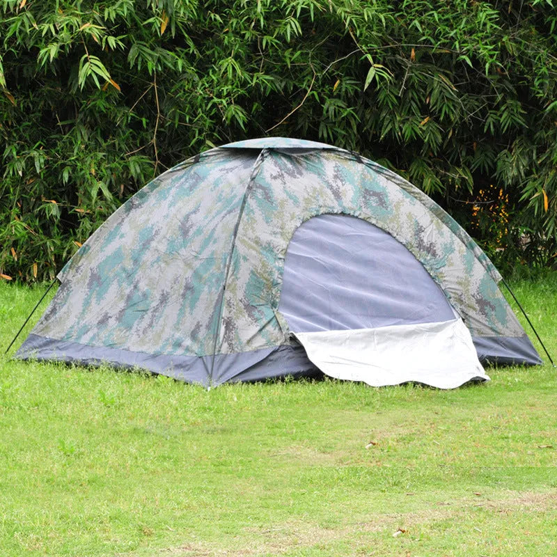 Green camouflage tent with steel ground nails, triangular skylight, and mesh panels for outdoor use