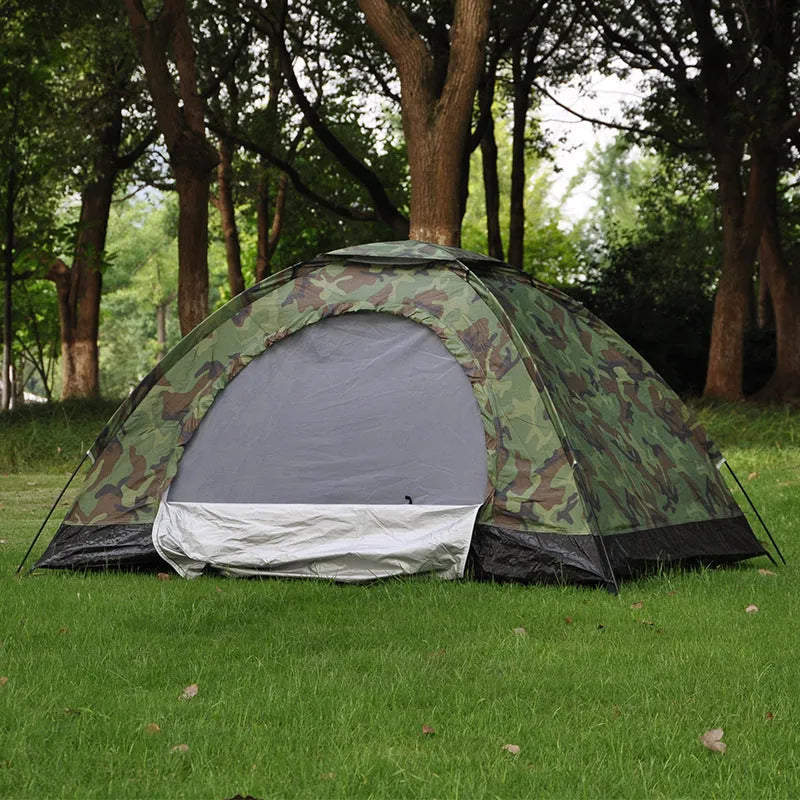 Green camouflage tent with steel ground nails, triangular skylight, and mesh panels for outdoor use