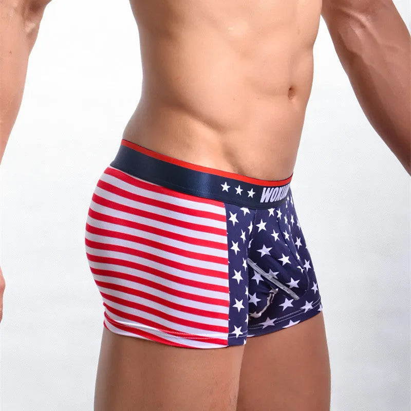 Red ribbed boxers with American flag print, cotton spandex blend, sizes S-XL