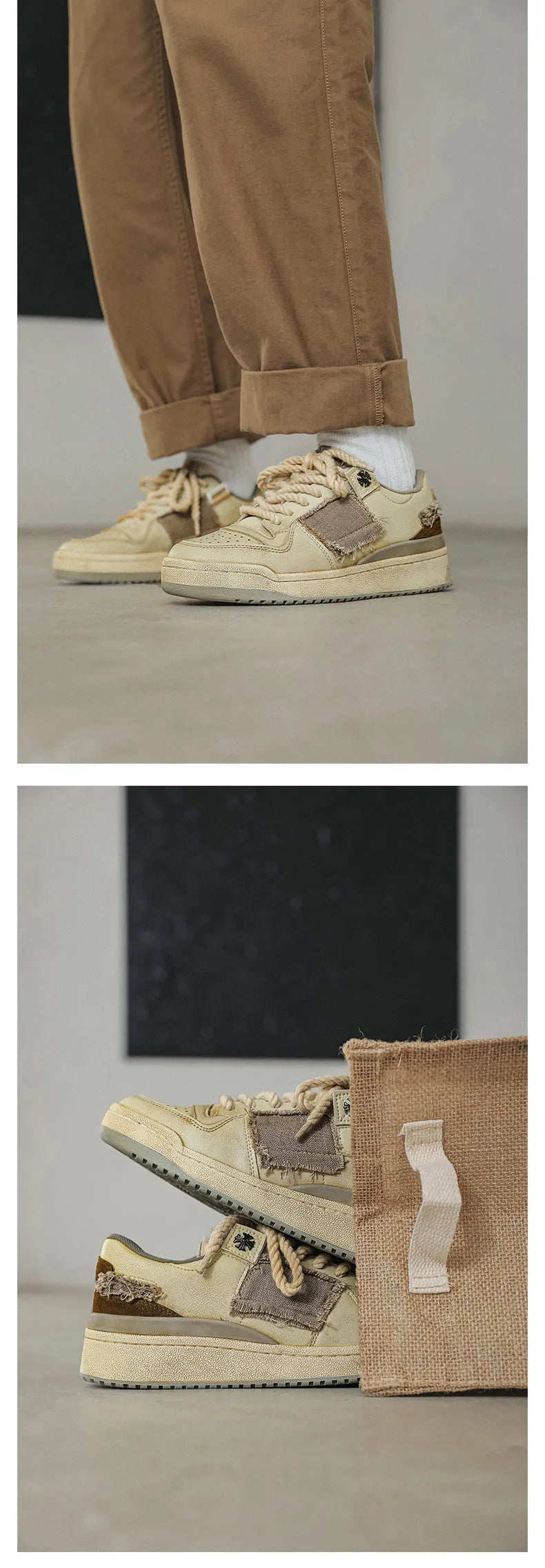 Beige low-top skateboard shoes with microfiber uppers, round toe, and lace-up closure on solid background