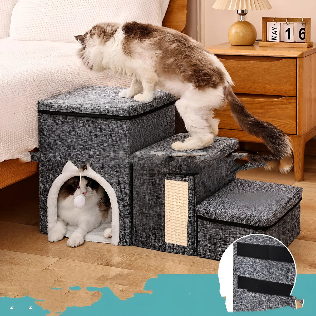 Dark grey non-slip pet sofa ladder for dogs and cats with soft cloth surface