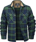 Men's button-down flannel shirt in a plaid pattern, shown on a hanger.