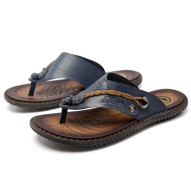 Men's dark blue herringbone pattern outdoor slippers with leather lining and rubber sole