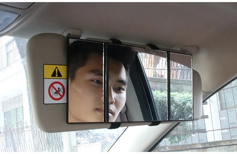 Silver car folding makeup mirror showing 15.5*14cm closed size and 30.5*14cm open dimensions