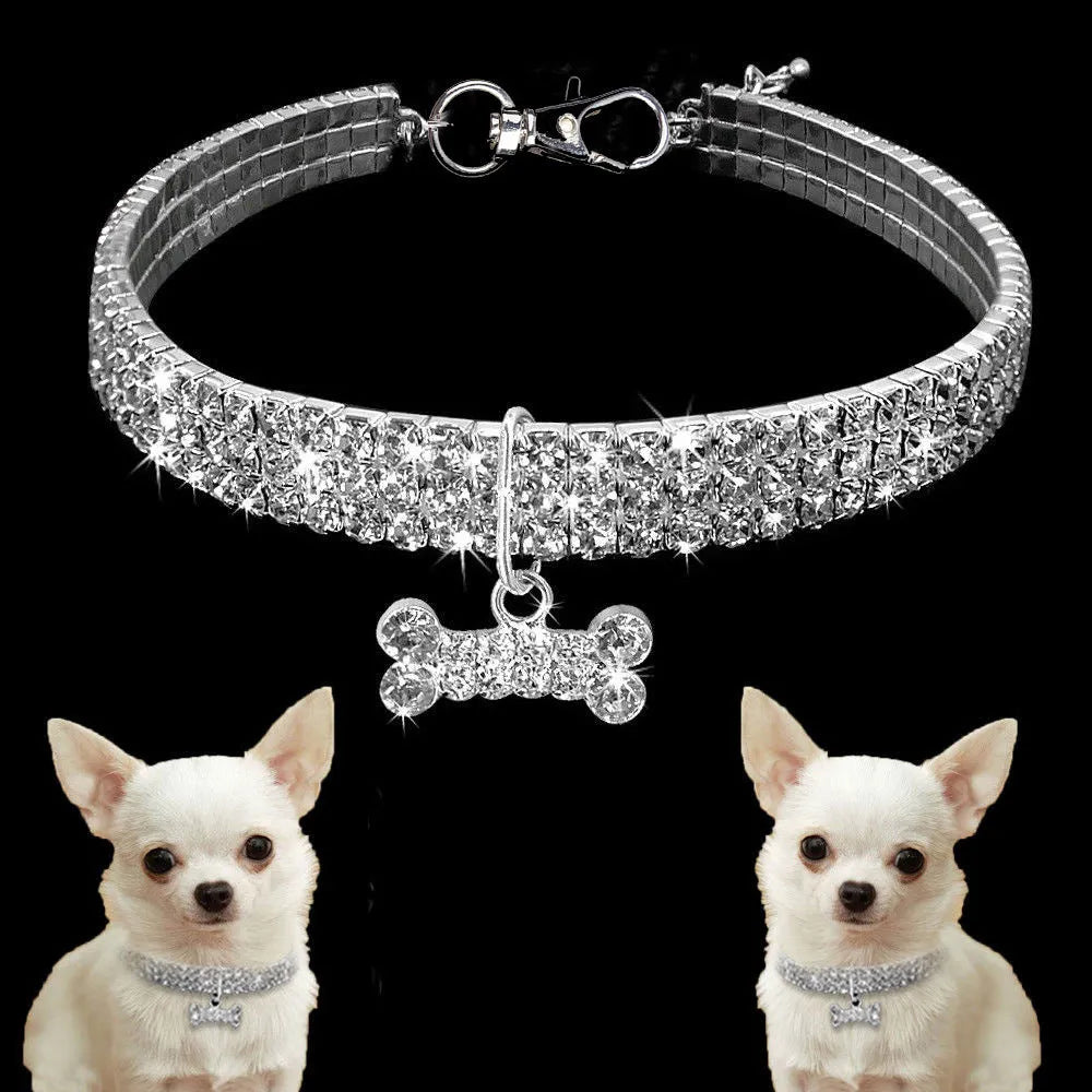 Rhinestone dog collar with crystal pendant in blue, white or pink for small dogs and cats
