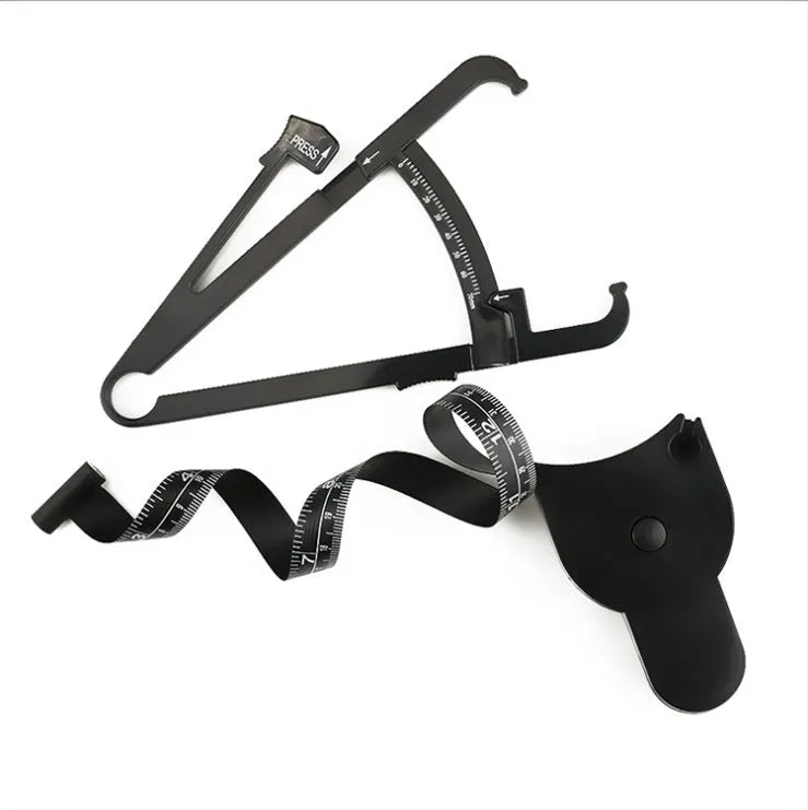 Black body fat skinfold caliper with measuring tape for body composition assessment