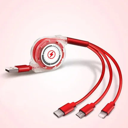 3-in-1 telescopic charging cable with TPE-coated 120cm wire and titanium alloy connectors in multiple colour options