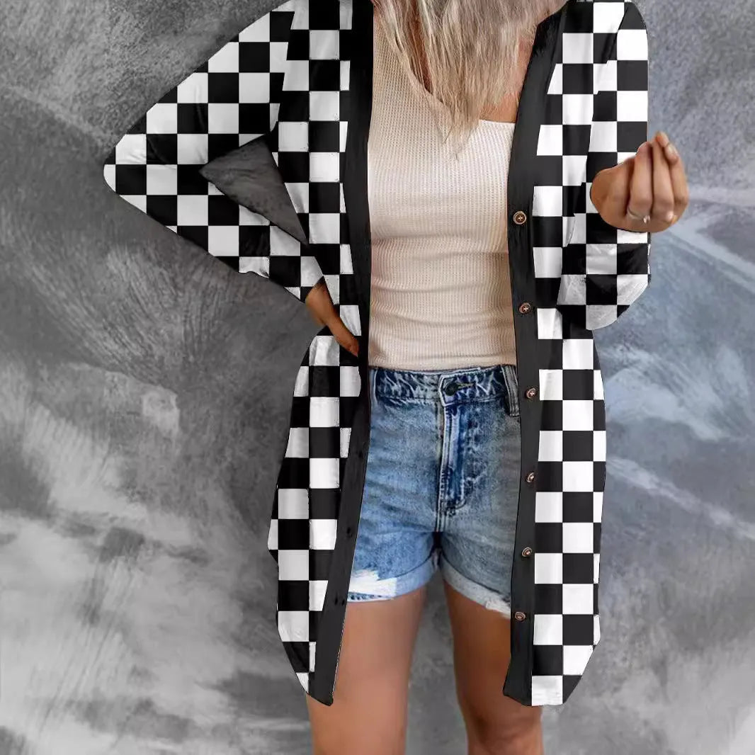 Women's long grey plaid knitted cardigan coat with a loose fit and regular sleeves on a hanger.