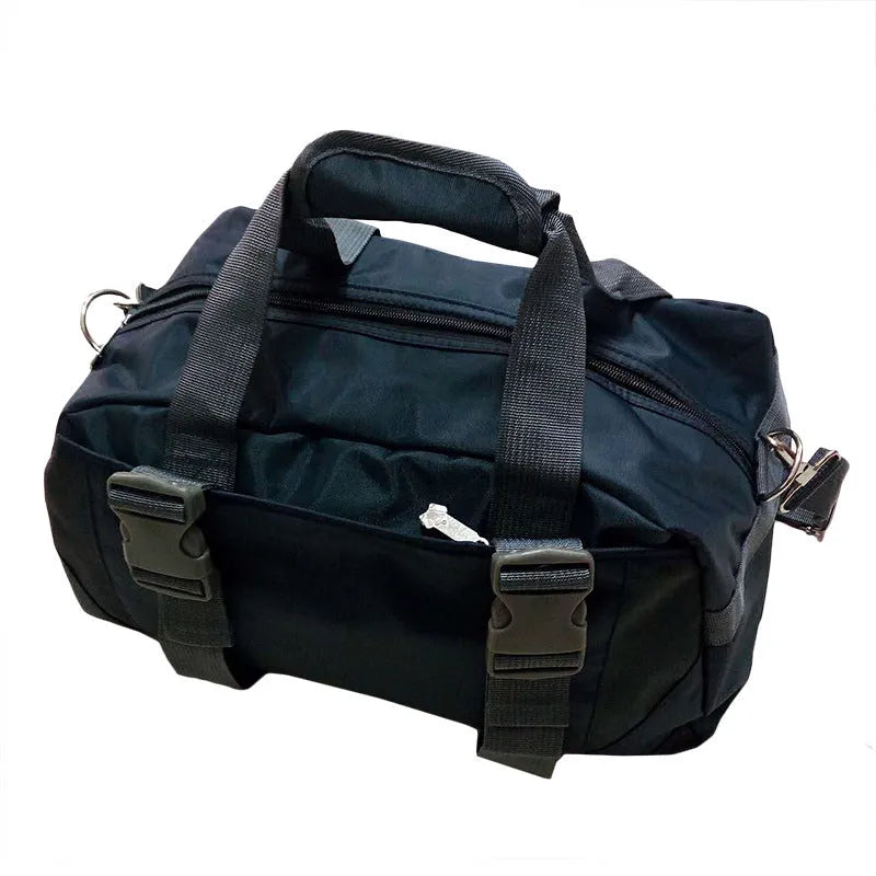 Waterproof nylon yoga and gym bag in black, shown in medium and large sizes.