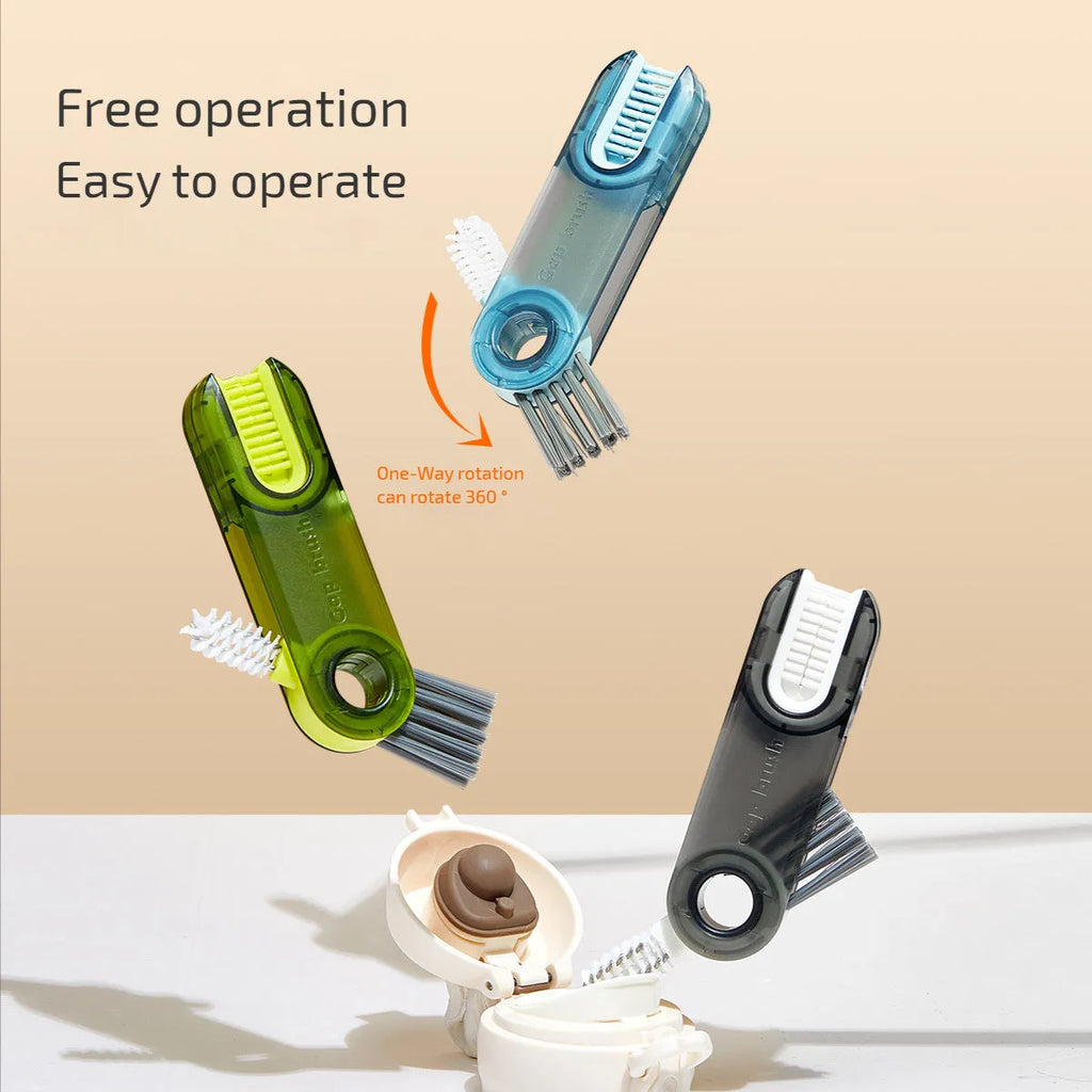 3-in-1 tiny bottle cup cover brush straw cleaner tool in transparent green, showing spiral brush and bevel corner design