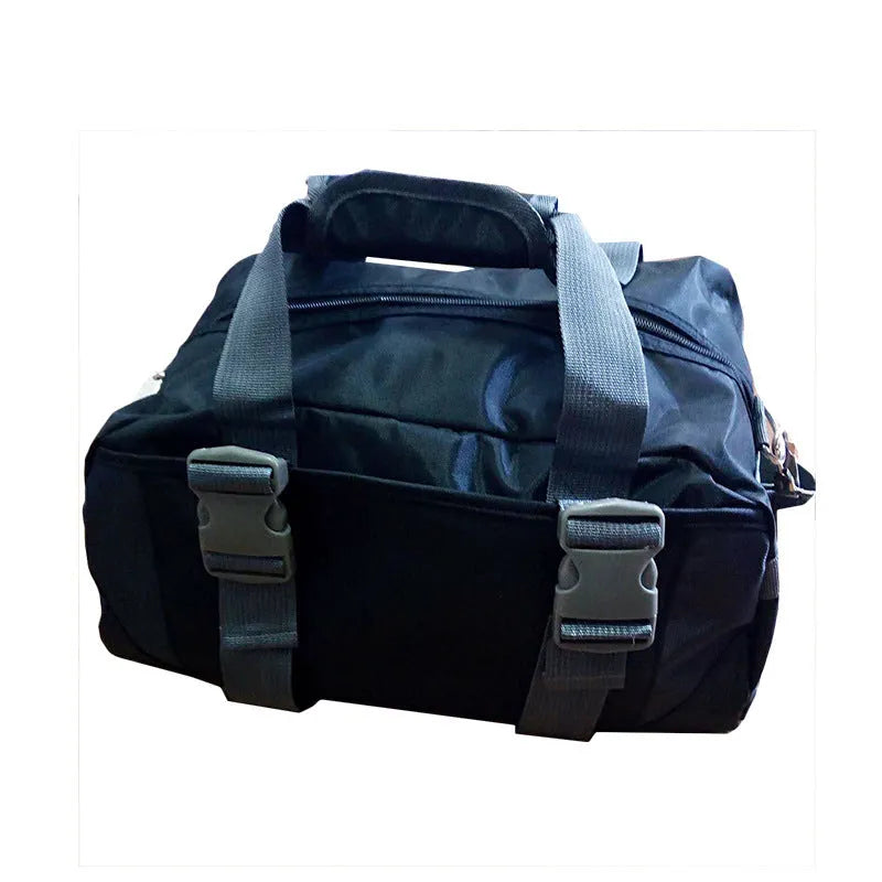 Waterproof nylon yoga and gym bag in black, shown in medium and large sizes.
