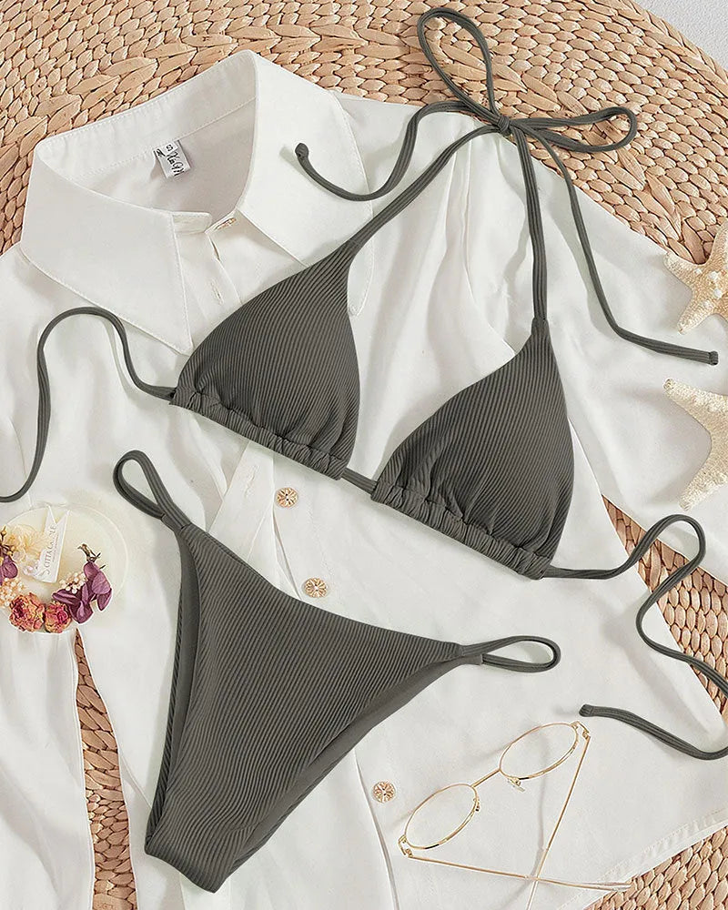 Women's lace-up front bikini swimsuit in various colours with bra top and matching panties