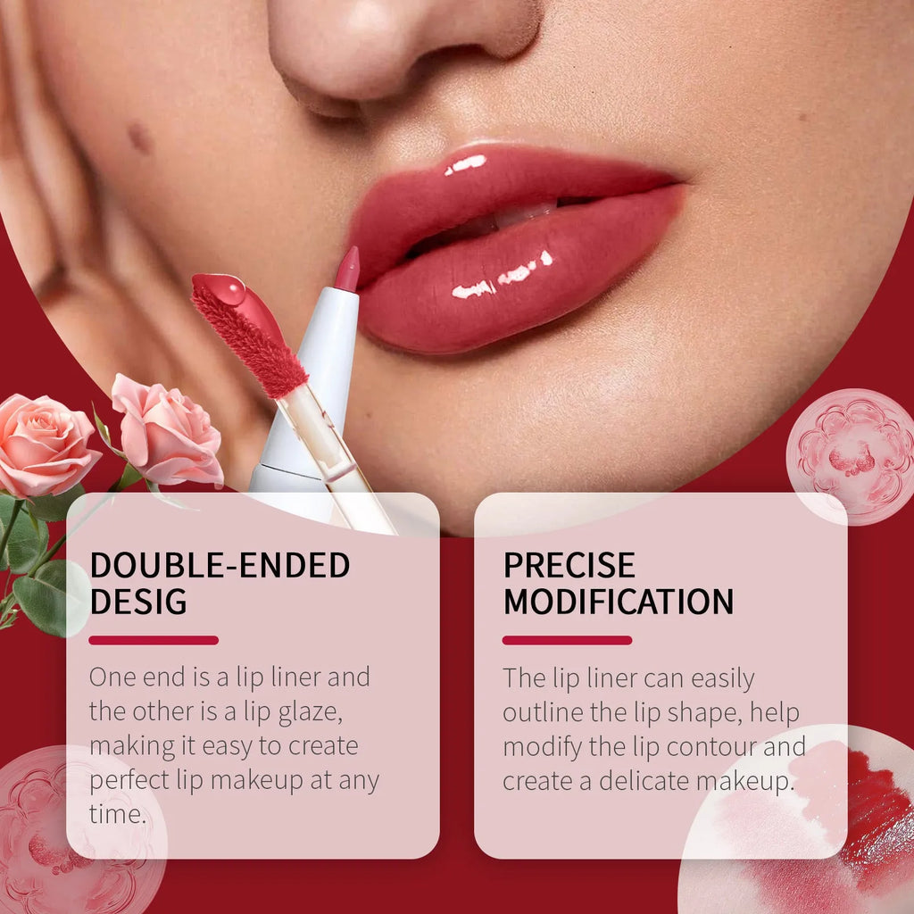 Double-headed lip liner and lacquer pen showing 0.5mm pencil tip and matte lacquer bullet in three colour options
