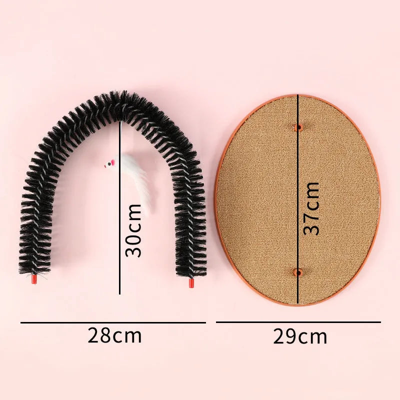 Black arch-shaped cat scratching brush with mouse toy attachment on non-slip base