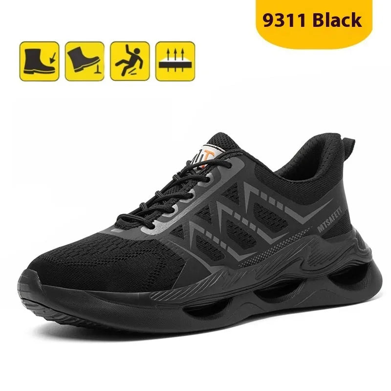 Black steel toe cap labour protection shoes with flat-knitted uppers and lace-up front.