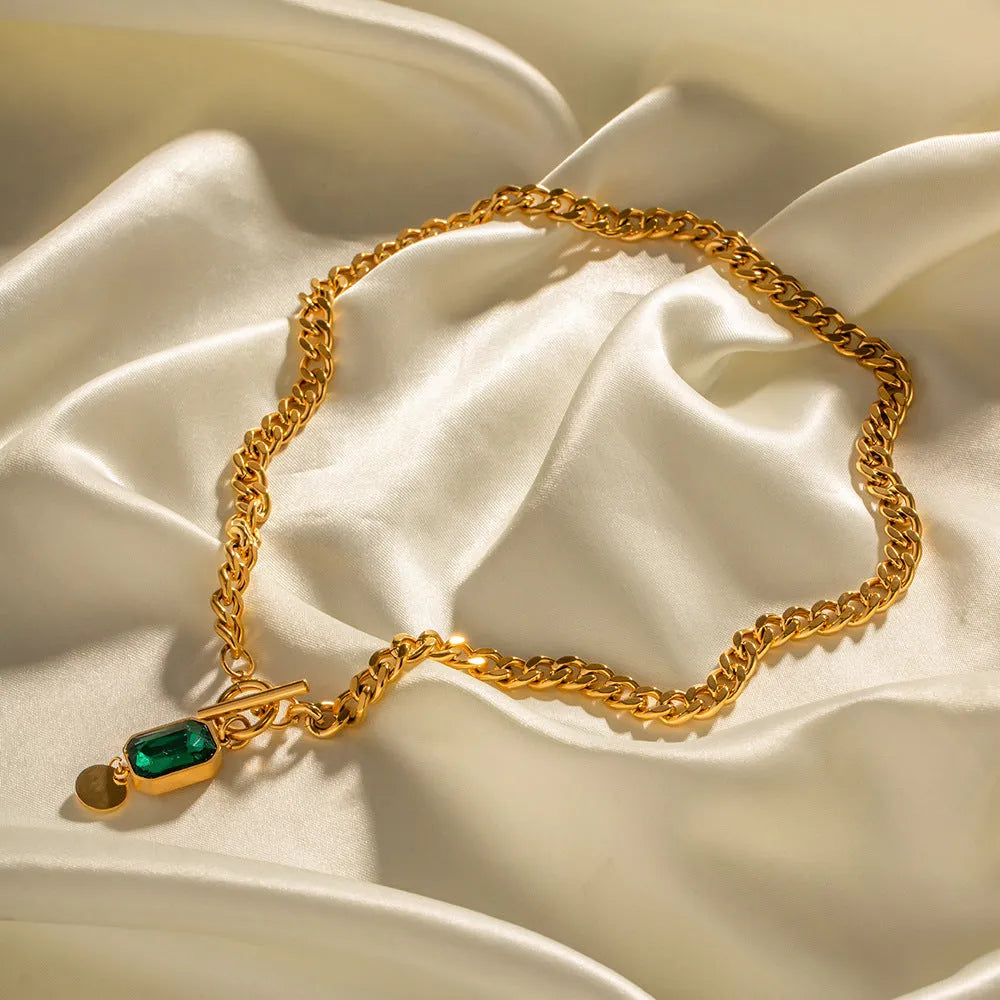 Gold French retro pendant necklace with round zircon stone on adjustable titanium steel chain