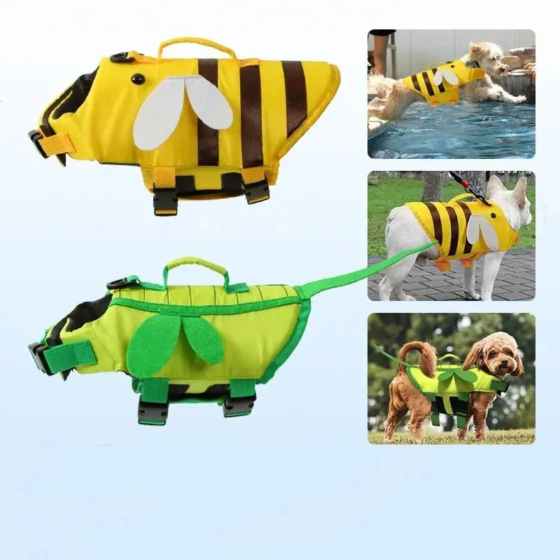 Green dog life vest with reflective strips and a D-ring handle on the back, shown fitted on a dog.