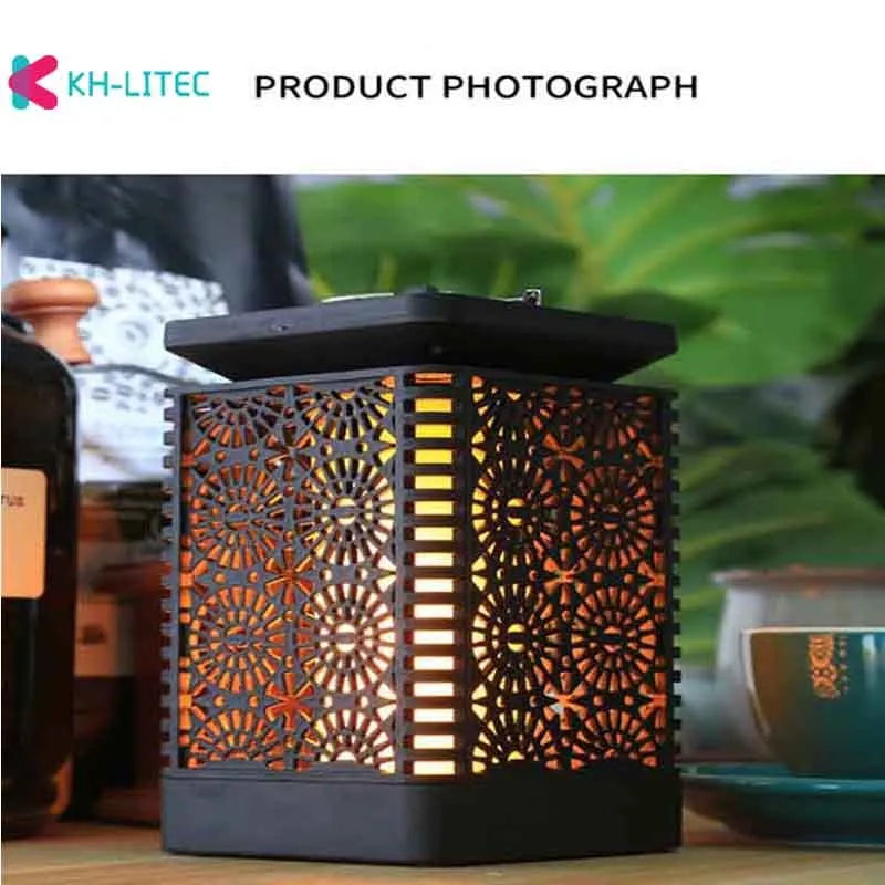 Black solar-powered garden torch light with flame-effect LED, 47cm length, waterproof IP44 rating for outdoor use