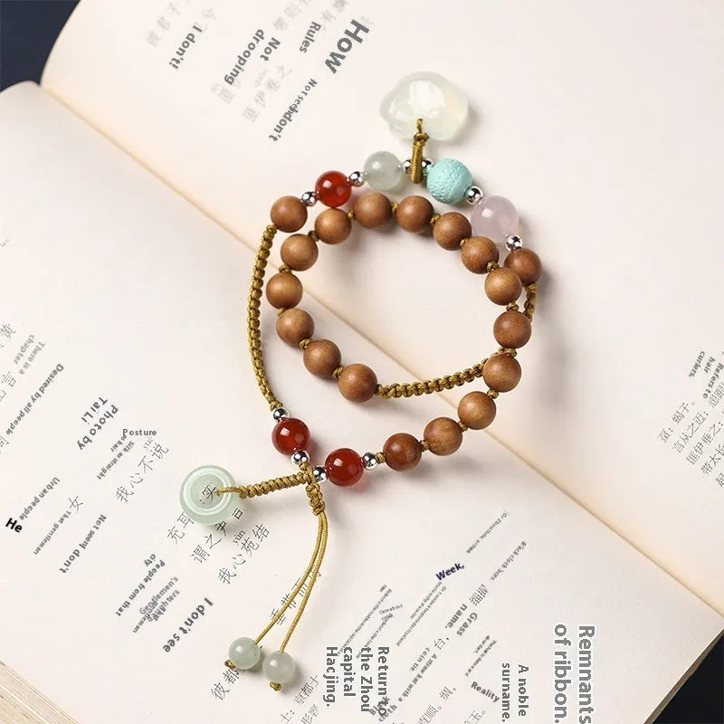 Hand-woven ebony double ring bracelet with stone accents in national style design