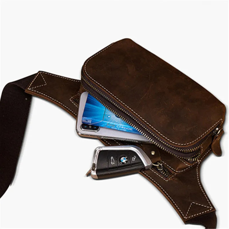 Brown top layer cowhide men's sports waist bag with pull closure and internal phone compartment