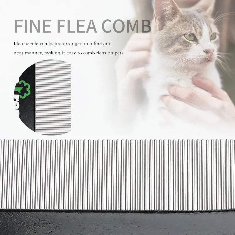 Black double-sided pet grooming comb with wooden handle and stainless steel teeth for cat and dog grooming